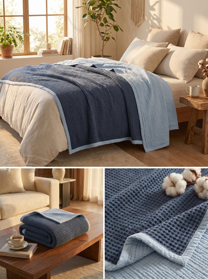 8-Layer Waffle & Muslin Blanket – Reversible Luxury Organic Cotton Bedspread & Throw