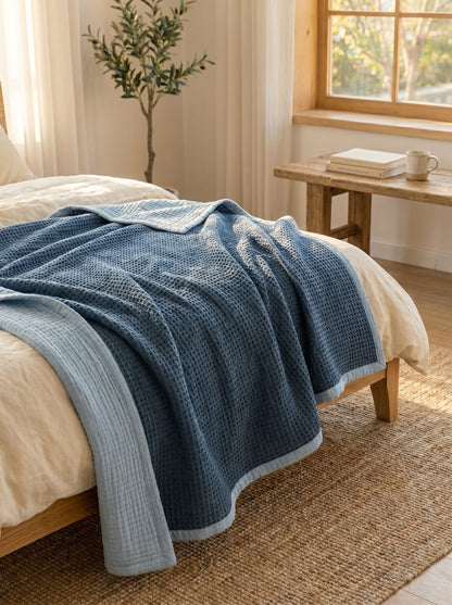 8-Layer Waffle & Muslin Blanket – Reversible Luxury Organic Cotton Bedspread & Throw