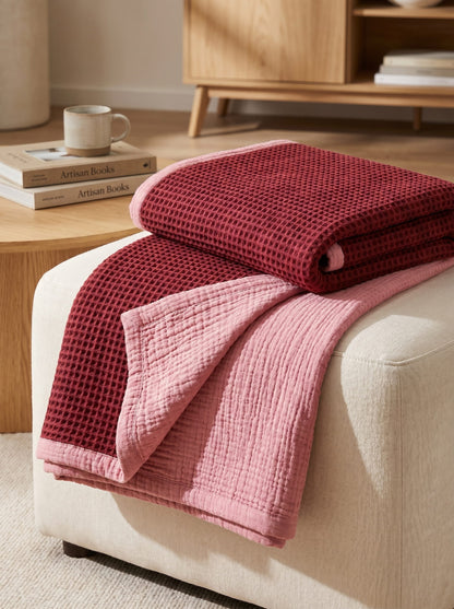 8-Layer Waffle & Muslin Blanket – Reversible Luxury Organic Cotton Bedspread & Throw