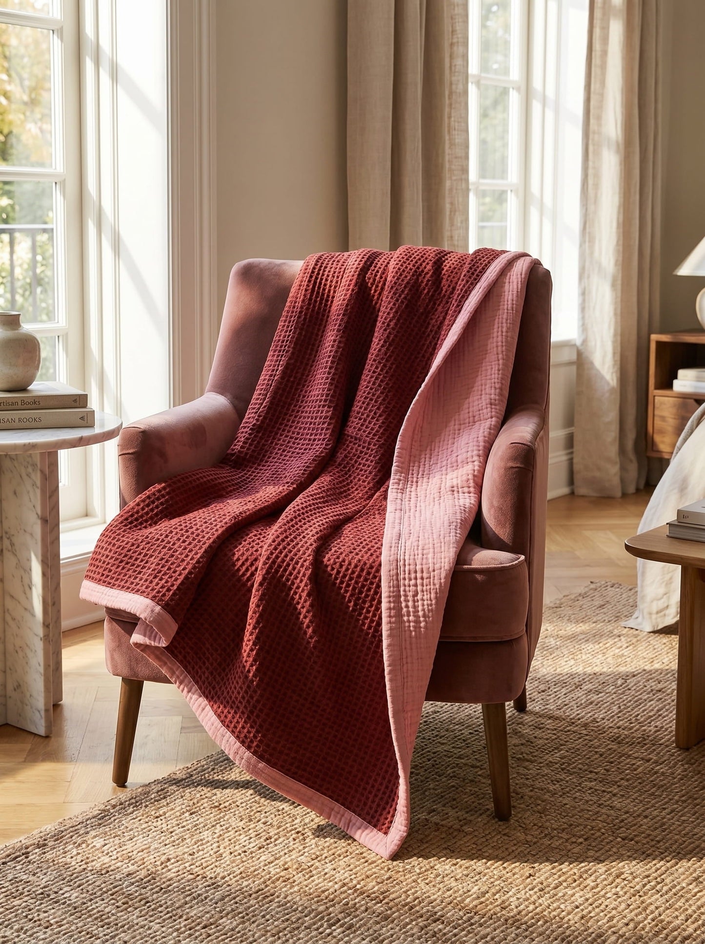 8-Layer Waffle & Muslin Blanket – Reversible Luxury Organic Cotton Bedspread & Throw