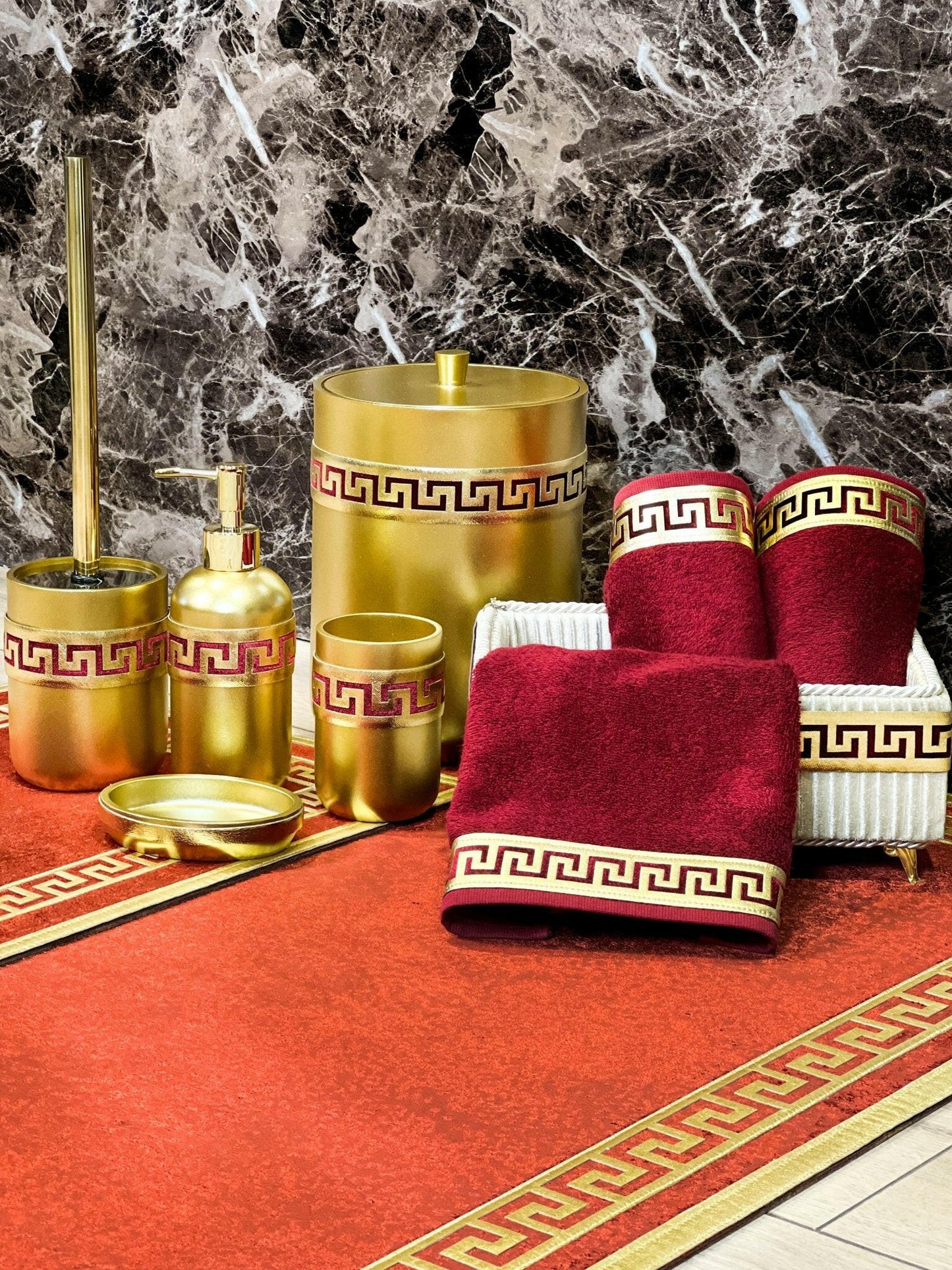 Anka Burgundy Red & Gold Bathroom Set
