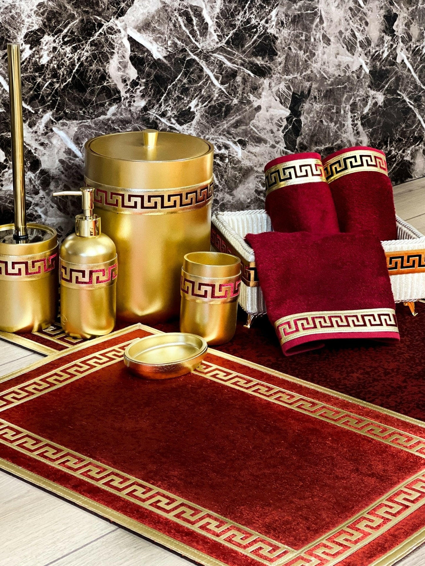 Anka Burgundy Red & Gold Bathroom Set