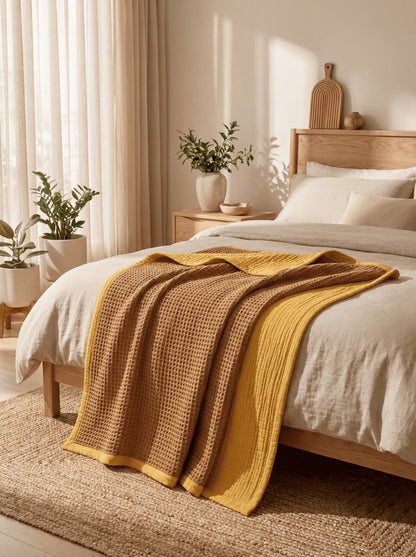 8-Layer Waffle & Muslin Blanket – Reversible Luxury Organic Cotton Bedspread & Throw
